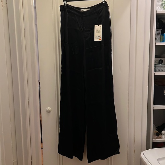 Black satin trousers with rhinestone side panel - Picture 3 of 4